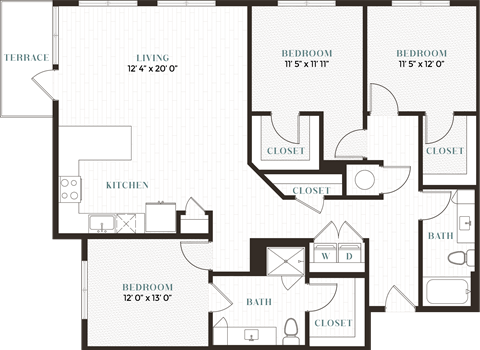 Floor plan for 3 beds, 2 baths, 1503 sqft